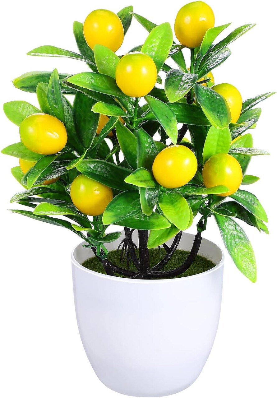 Small Artificial Lemon Tree – Faux Potted Bonsai Plant for Indoor Décor, Bathroom, Window, Tabletop, or Office with Colorful Faux Flowers